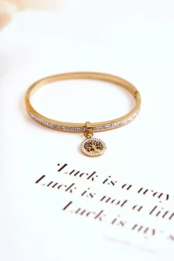 Glam Chic Bransoletka Stalowa z Cyrkoniami Drzewo Życia Złota Alive