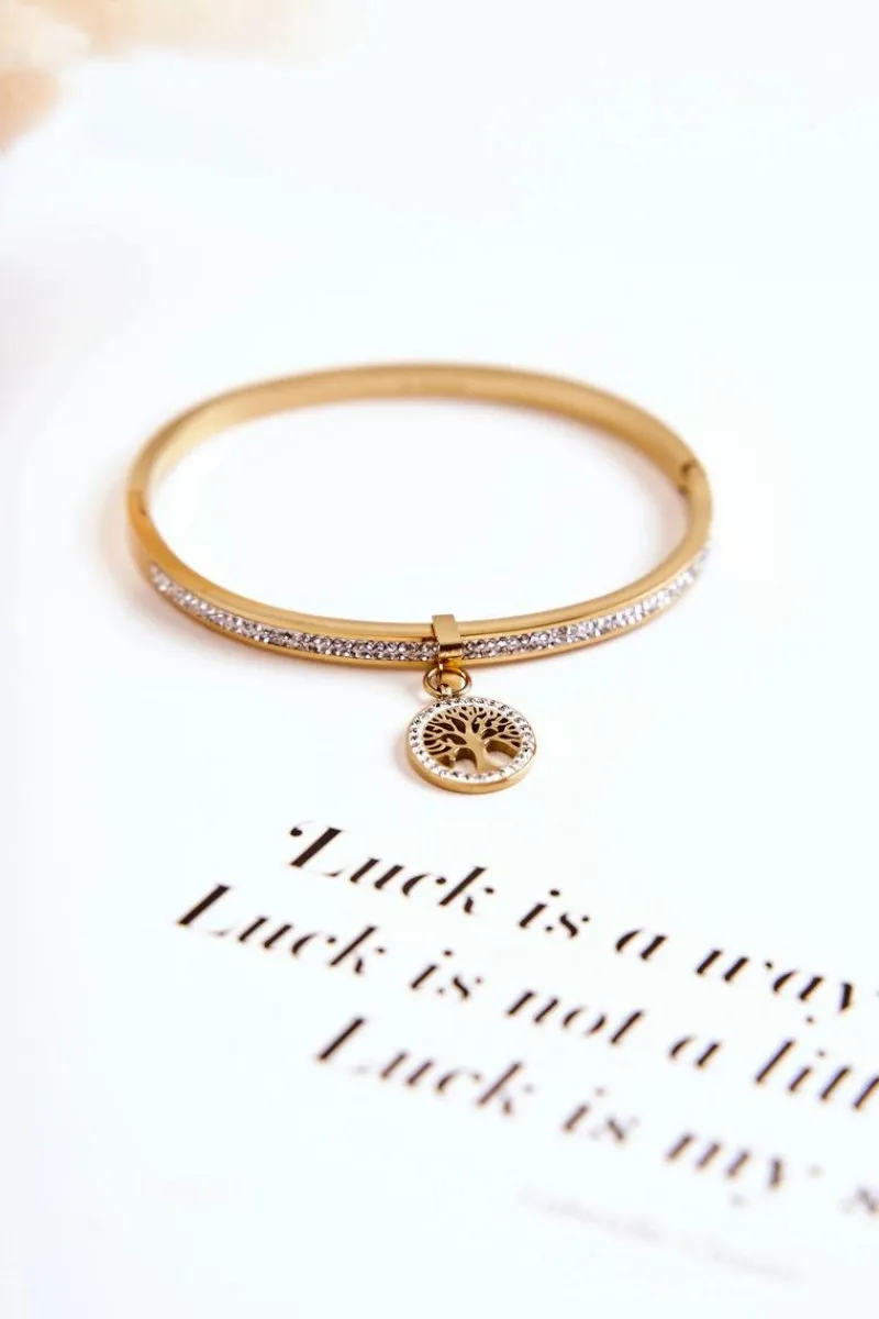 Glam Chic Bransoletka Stalowa z Cyrkoniami Drzewo Życia Złota Alive