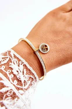 Glam Chic Bransoletka Stalowa z Cyrkoniami Drzewo Życia Złota Alive