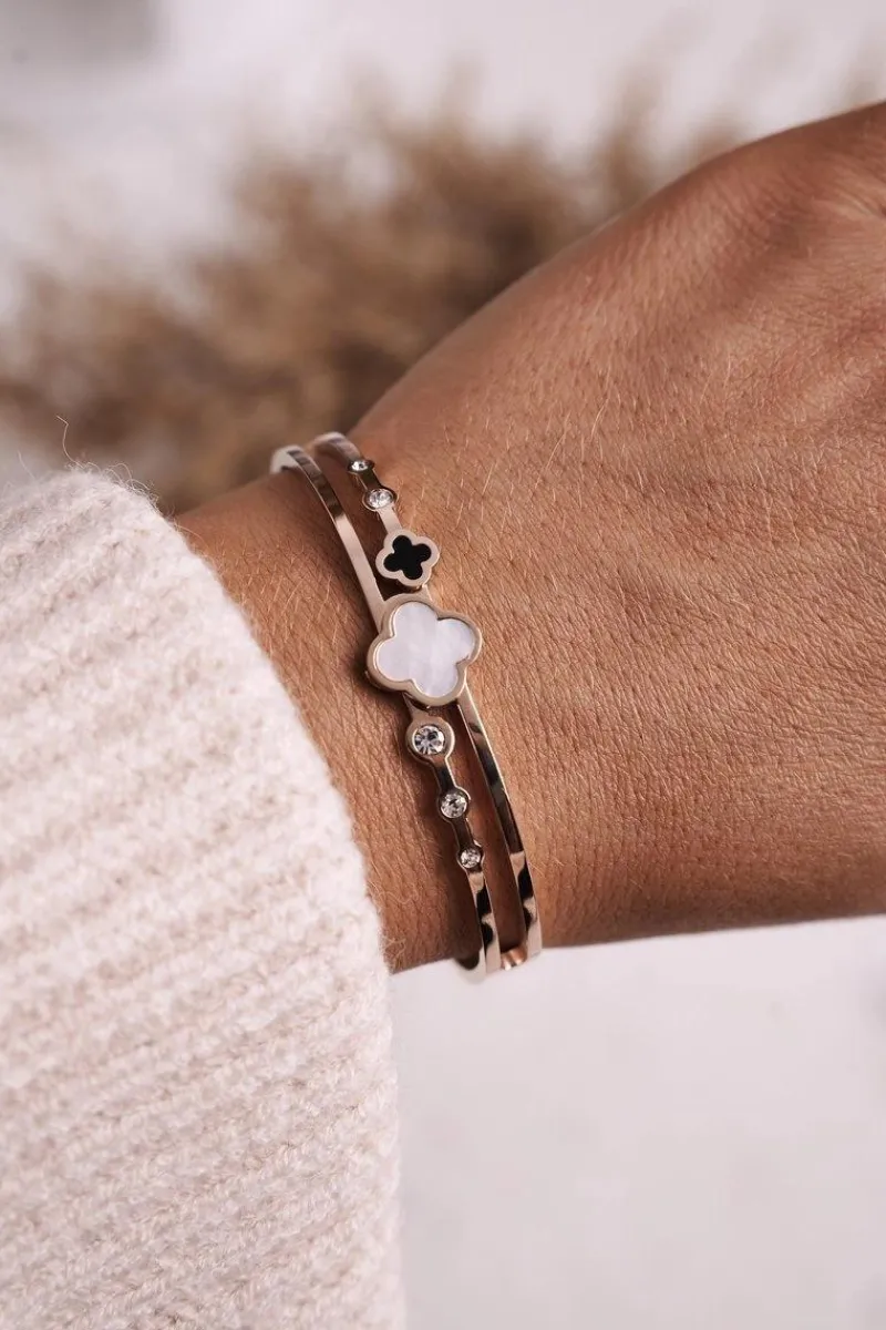 Online Bransoletka Stalowa z Koniczynką i Cyrkoniami Różowe Złoto Luck Bransoletki