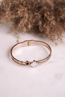 Online Bransoletka Stalowa z Koniczynką i Cyrkoniami Różowe Złoto Luck Bransoletki