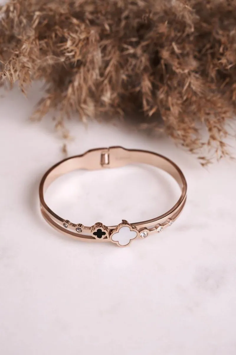 Online Bransoletka Stalowa z Koniczynką i Cyrkoniami Różowe Złoto Luck Bransoletki