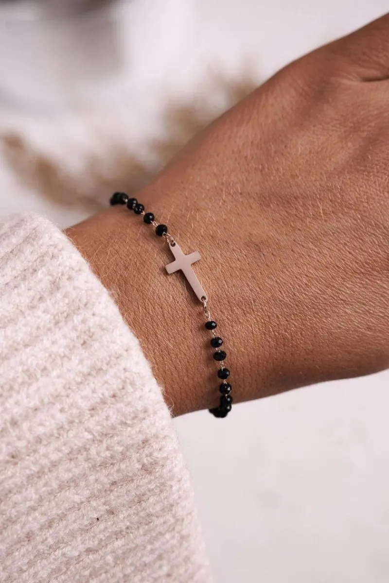 Bransoletki>Glam Chic Bransoletka z Krzyżykiem Czarna Różowe Złoto Irene