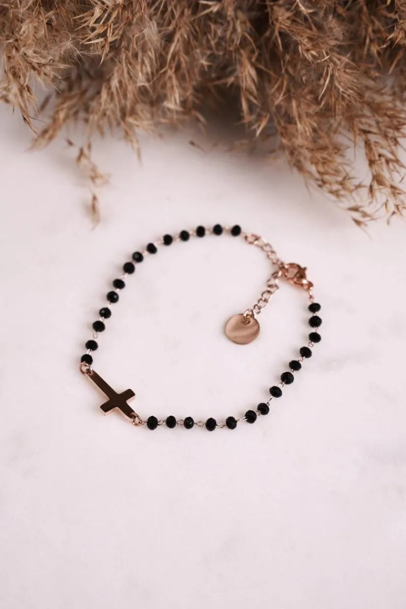 Bransoletki>Glam Chic Bransoletka z Krzyżykiem Czarna Różowe Złoto Irene