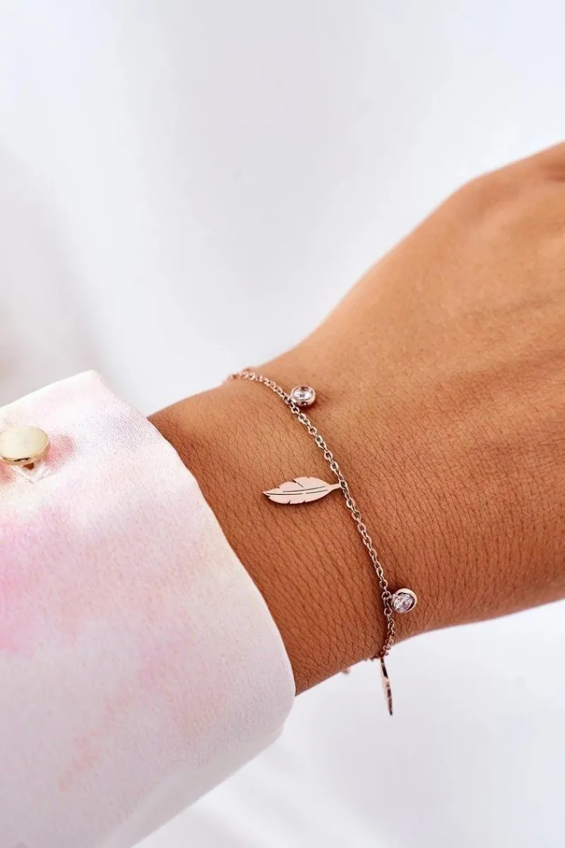 New Bransoletka Z Piórkami Oraz Cyrkoniami Różowe Złoto Bransoletki