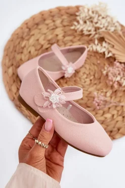 Hot Evento Brokatowe Balerinki Dziecięce Zapinane Na Rzep Różowe Jeylin Różowy