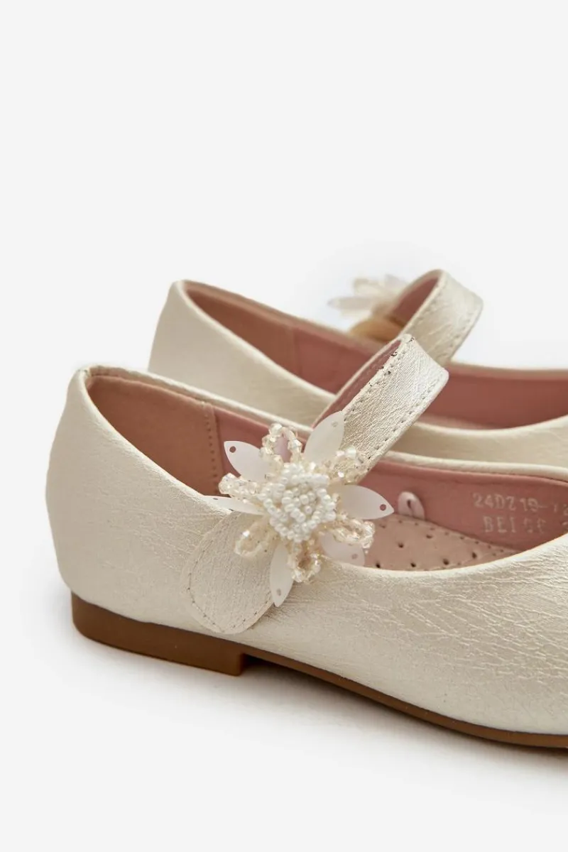 Balerinki Dziecięce>Evento Brokatowe Balerinki Dziecięce Zapinane Na Rzep Beżowe Jeylin Beżowy