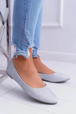 New Brokatowe Baleriny Srebrne Tiffy Damskie Baleriny Klasyczne