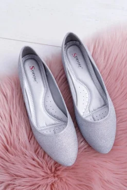 New Brokatowe Baleriny Srebrne Tiffy Damskie Baleriny Klasyczne