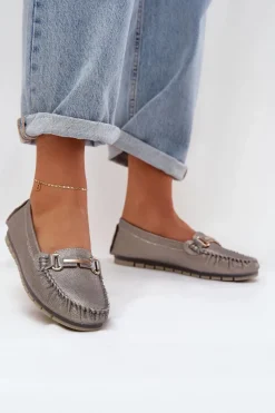 Best Brokatowe Płaskie Mokasyny Ze Skóry Naturalnej D&A LR51-546 Srebrne Damskie Loafersy Damskie|Mokasyny Damskie Skórzane