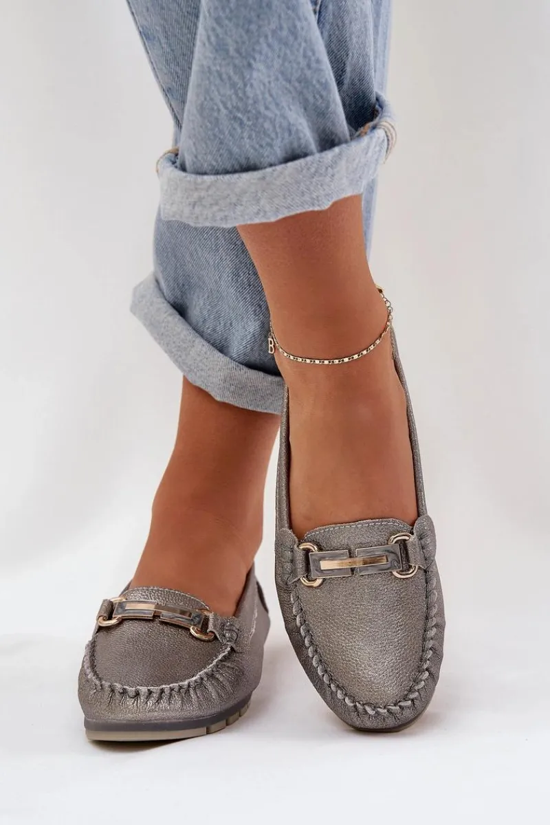 Best Brokatowe Płaskie Mokasyny Ze Skóry Naturalnej D&A LR51-546 Srebrne Damskie Loafersy Damskie|Mokasyny Damskie Skórzane