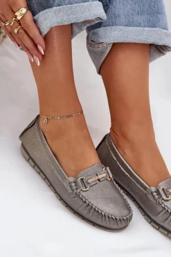 Best Brokatowe Płaskie Mokasyny Ze Skóry Naturalnej D&A LR51-546 Srebrne Damskie Loafersy Damskie|Mokasyny Damskie Skórzane