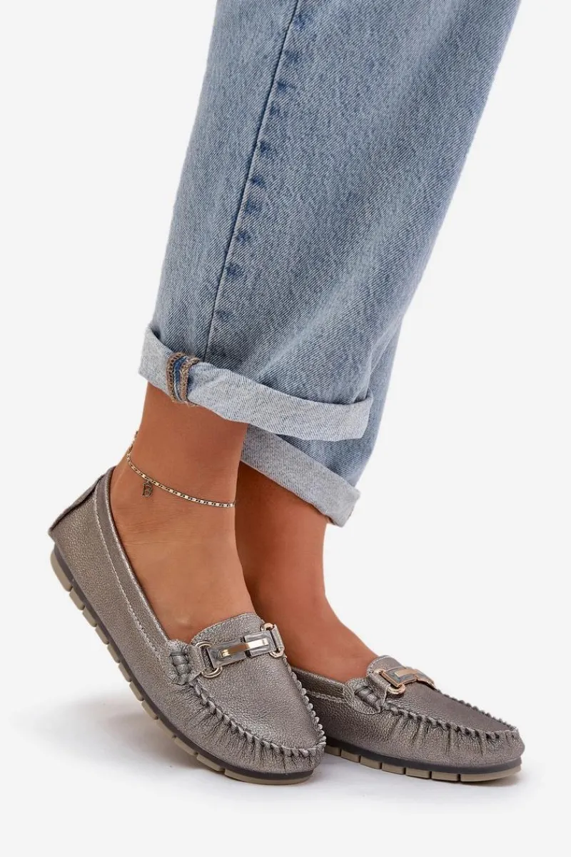 Best Brokatowe Płaskie Mokasyny Ze Skóry Naturalnej D&A LR51-546 Srebrne Damskie Loafersy Damskie|Mokasyny Damskie Skórzane