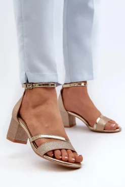 Brokatowe Sandały Damskie Na Niskim Słupku Złote Ploemis Damskie Sandały Na Słupku|Sandały Na Obcasie