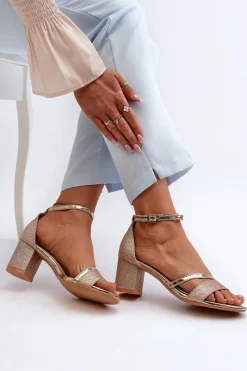 Brokatowe Sandały Damskie Na Niskim Słupku Złote Ploemis Damskie Sandały Na Słupku|Sandały Na Obcasie