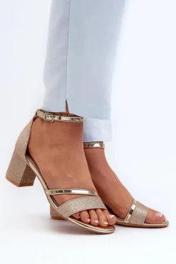 Brokatowe Sandały Damskie Na Niskim Słupku Złote Ploemis Damskie Sandały Na Słupku|Sandały Na Obcasie