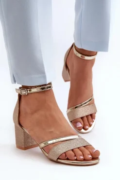 Brokatowe Sandały Damskie Na Niskim Słupku Złote Ploemis Damskie Sandały Na Słupku|Sandały Na Obcasie