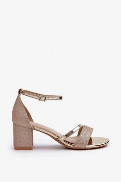 Brokatowe Sandały Damskie Na Niskim Słupku Złote Ploemis Damskie Sandały Na Słupku|Sandały Na Obcasie