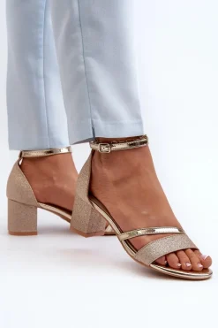 Brokatowe Sandały Damskie Na Niskim Słupku Złote Ploemis Damskie Sandały Na Słupku|Sandały Na Obcasie