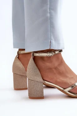 Brokatowe Sandały Damskie Na Niskim Słupku Złote Ploemis Damskie Sandały Na Słupku|Sandały Na Obcasie