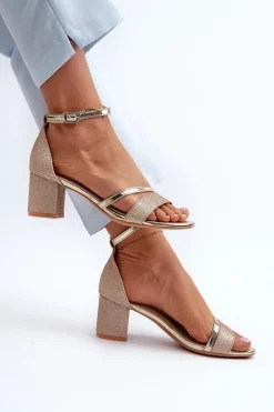 Brokatowe Sandały Damskie Na Niskim Słupku Złote Ploemis Damskie Sandały Na Słupku|Sandały Na Obcasie