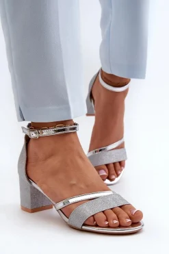 Discount Brokatowe Sandały Damskie Na Niskim Słupku Srebrne Ploemis Damskie Sandały Na Słupku|Sandały Na Obcasie