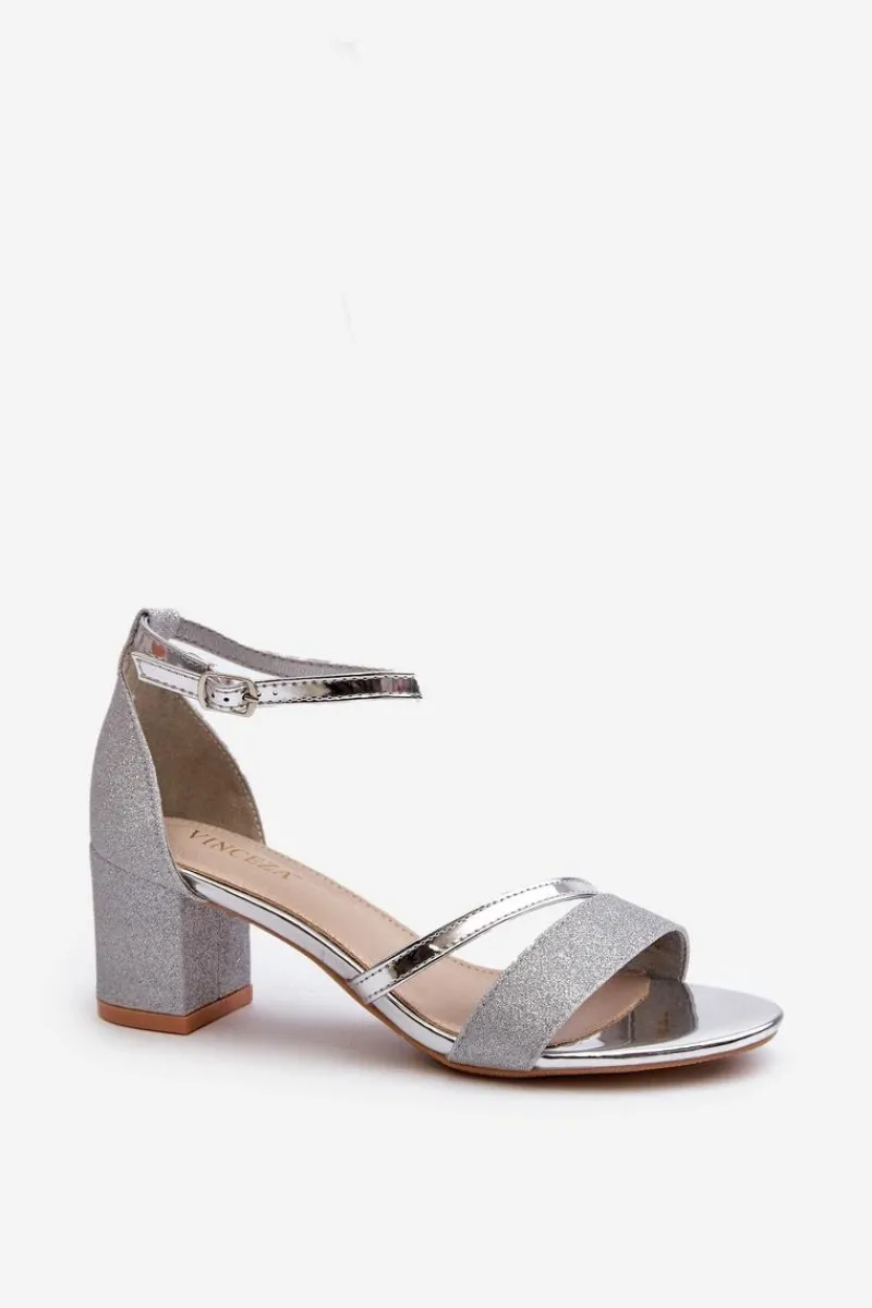 Discount Brokatowe Sandały Damskie Na Niskim Słupku Srebrne Ploemis Damskie Sandały Na Słupku|Sandały Na Obcasie