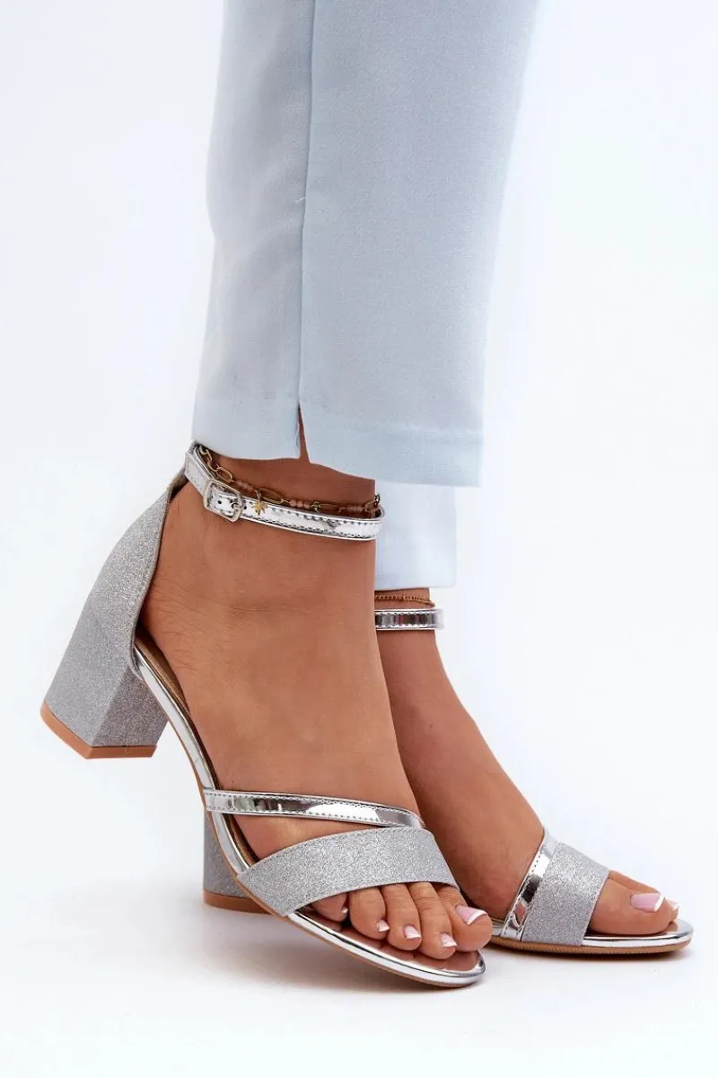 Discount Brokatowe Sandały Damskie Na Niskim Słupku Srebrne Ploemis Damskie Sandały Na Słupku|Sandały Na Obcasie