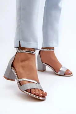 Discount Brokatowe Sandały Damskie Na Niskim Słupku Srebrne Ploemis Damskie Sandały Na Słupku|Sandały Na Obcasie