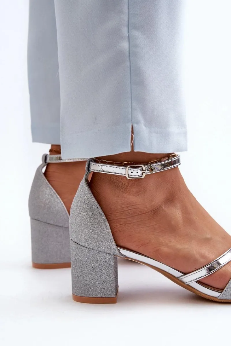 Discount Brokatowe Sandały Damskie Na Niskim Słupku Srebrne Ploemis Damskie Sandały Na Słupku|Sandały Na Obcasie