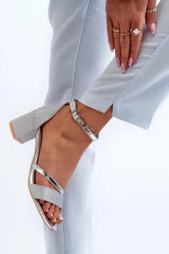 Discount Brokatowe Sandały Damskie Na Niskim Słupku Srebrne Ploemis Damskie Sandały Na Słupku|Sandały Na Obcasie