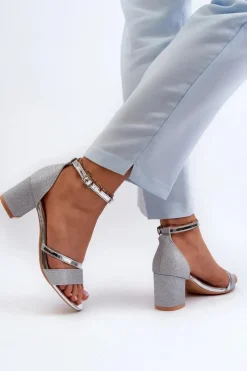 Discount Brokatowe Sandały Damskie Na Niskim Słupku Srebrne Ploemis Damskie Sandały Na Słupku|Sandały Na Obcasie