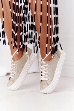 Outlet Damskie buty S.Barski Brokatowe Tenisówki Na Platformie Złote Luna