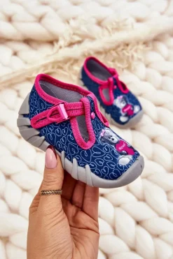 Buty Papcie Miś 110P469 Granatowo-Różowe Dzieci Dziewczęce