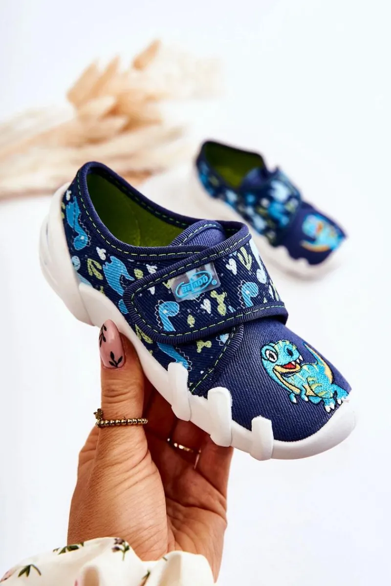 Discount Buty Papcie Na Rzep Dinozaur 273X341 Granatowe Dzieci Chłopięce