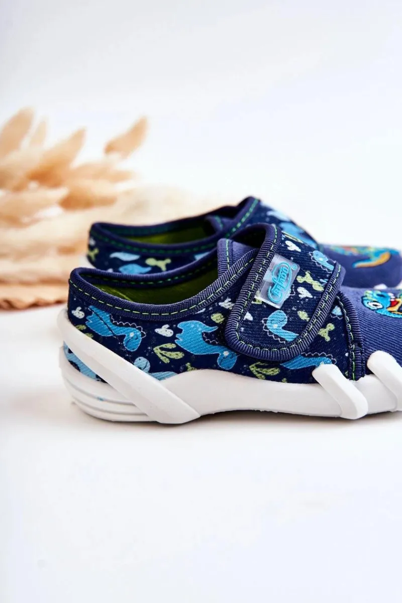 Discount Buty Papcie Na Rzep Dinozaur 273X341 Granatowe Dzieci Chłopięce