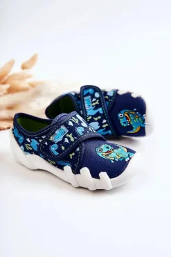 Discount Buty Papcie Na Rzep Dinozaur 273X341 Granatowe Dzieci Chłopięce