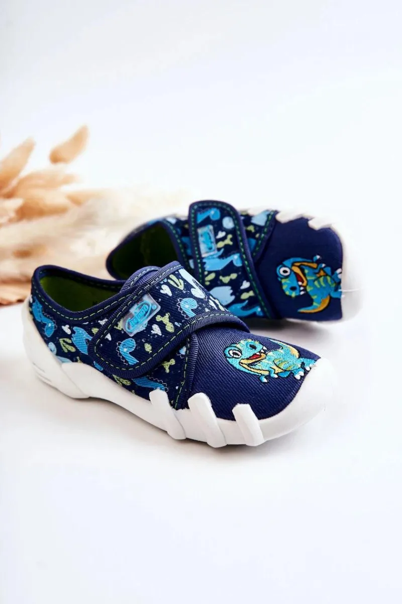 Discount Buty Papcie Na Rzep Dinozaur 273X341 Granatowe Dzieci Chłopięce