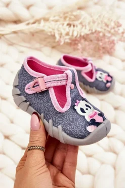 Outlet Buty Papcie Pandy 110P470 Szaro-Różowe Dzieci Dziewczęce