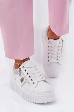 New Buty Sportowe Damskie Na Platformie Z Eko Skóry Białe Velionna Damskie Buty Sportowe Na Platformie|Sneakersy Damskie