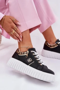 Buty Sportowe Na Platformie|Sneakersy Damskie>Boto Buty Sportowe Damskie Na Platformie Z Eko Skóry Panterka Czarne Velionna Czarny