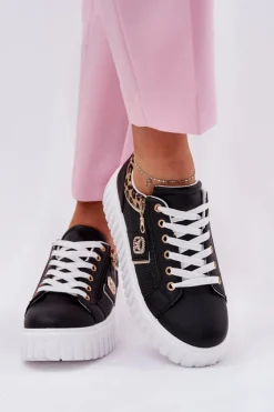 Buty Sportowe Na Platformie|Sneakersy Damskie></noscript>Boto Buty Sportowe Damskie Na Platformie Z Eko Skóry Panterka Czarne Velionna Czarny