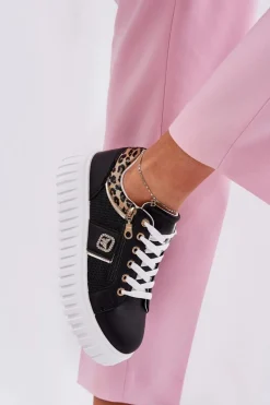 Buty Sportowe Na Platformie|Sneakersy Damskie></noscript>Boto Buty Sportowe Damskie Na Platformie Z Eko Skóry Panterka Czarne Velionna Czarny