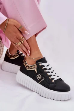 Buty Sportowe Na Platformie|Sneakersy Damskie></noscript>Boto Buty Sportowe Damskie Na Platformie Z Eko Skóry Panterka Czarne Velionna Czarny