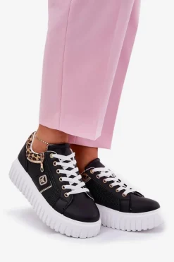 Buty Sportowe Na Platformie|Sneakersy Damskie></noscript>Boto Buty Sportowe Damskie Na Platformie Z Eko Skóry Panterka Czarne Velionna Czarny