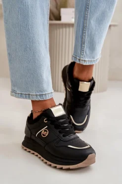 Sneakersy Damskie>Boto Buty Sportowe Damskie Ocieplane Futerkiem Na Platformie Czarne Lerisas