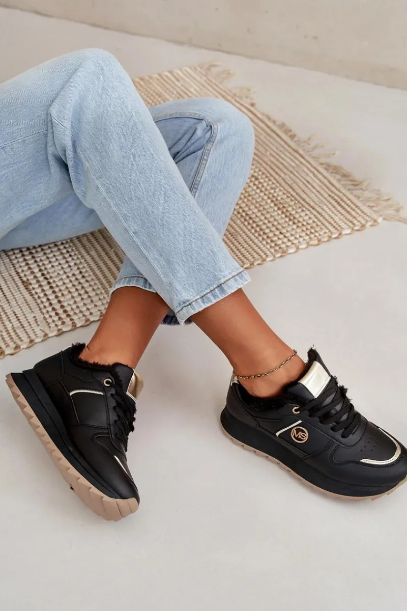 Sneakersy Damskie>Boto Buty Sportowe Damskie Ocieplane Futerkiem Na Platformie Czarne Lerisas