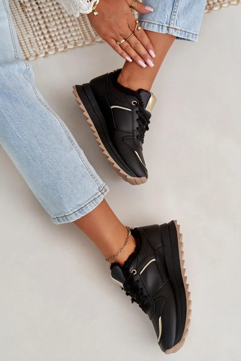 Sneakersy Damskie>Boto Buty Sportowe Damskie Ocieplane Futerkiem Na Platformie Czarne Lerisas