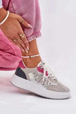 New Boto Buty Sportowe Damskie Z Siateczką I Ćwiekami Szare Ogalda Szary
