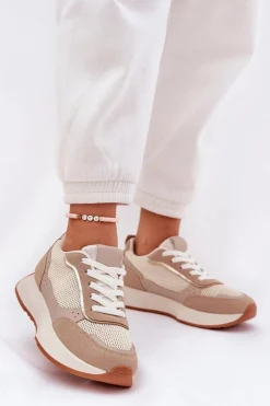 New Buty Sportowe Damskie Z Siateczką Na Platformie Khaki Poova Damskie Buty Sportowe Na Platformie|Sneakersy Damskie